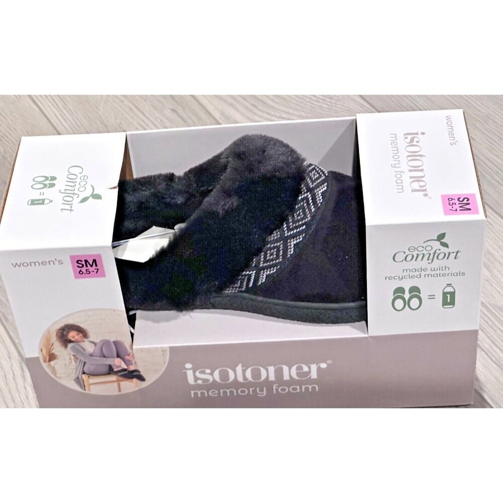 Isotoner Slippers Black House Shoe Hoodback Memory Foam Sm 6.5-7